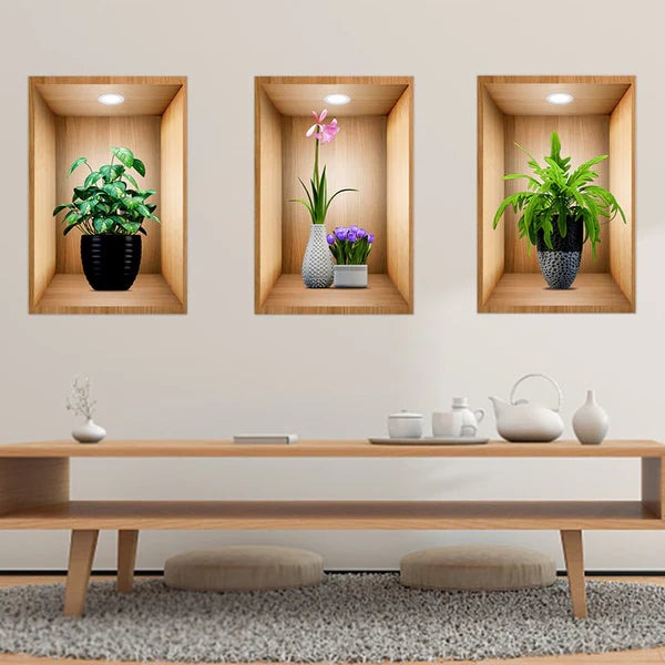 3D Plant Vase Wall Sticker 3Pcs