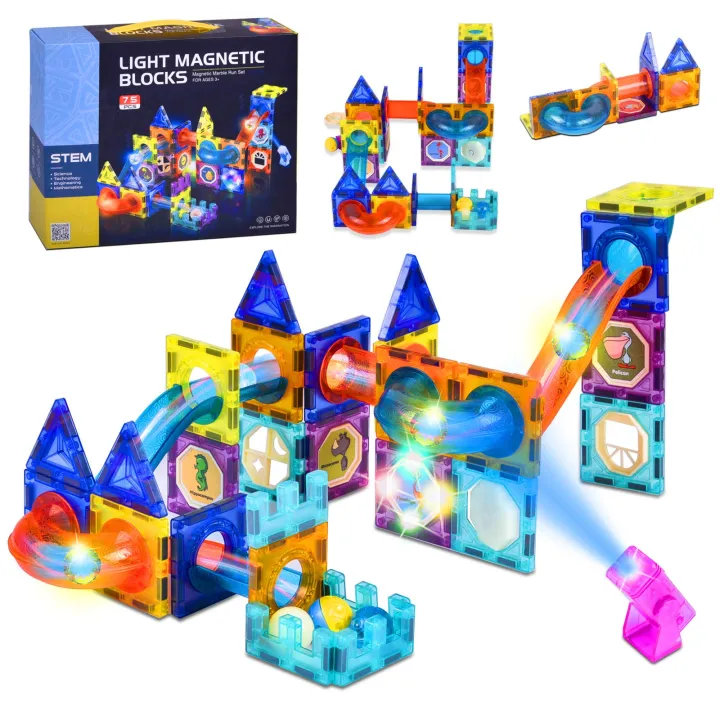 75 PCS Magnetic Tiles Building Blocks Set with Lights – STEM Toy for Kids 3+