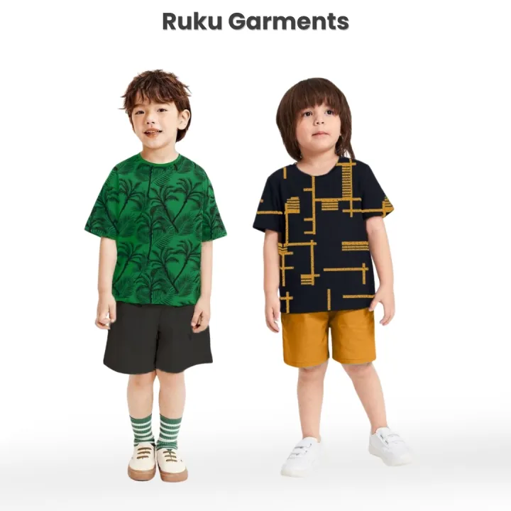 Pack of 2 Allover Printed Contrast Tees & Shorts Suits for Kids – Summer Cotton Set