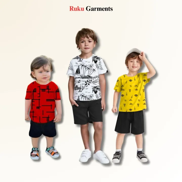 Pack of 3 Kids Allover Printed Tees & Shorts Sets – Contrast Style